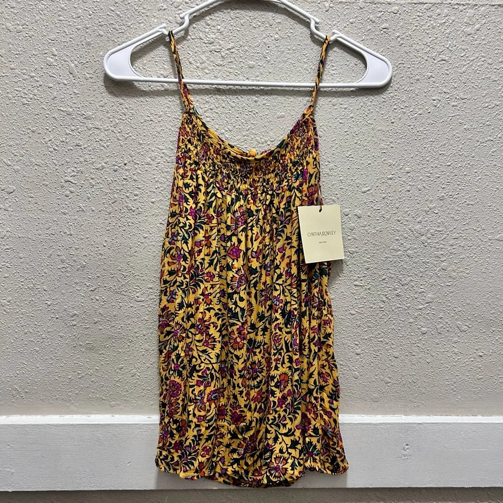 Cynthia Rowley Smocked Neckline Keyhole Back Sleeveless Top Mustard Floral NWT